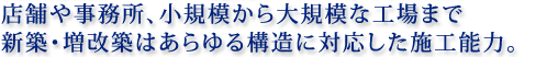 店舗や事務所、小規模から大規模まで新築・増改築はあらゆる構造に対応した施工能力。